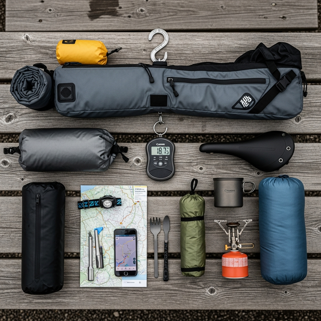Bikepacking gear and frame bags laid out on a scale showing total pack weight for watts per kilogram calculation