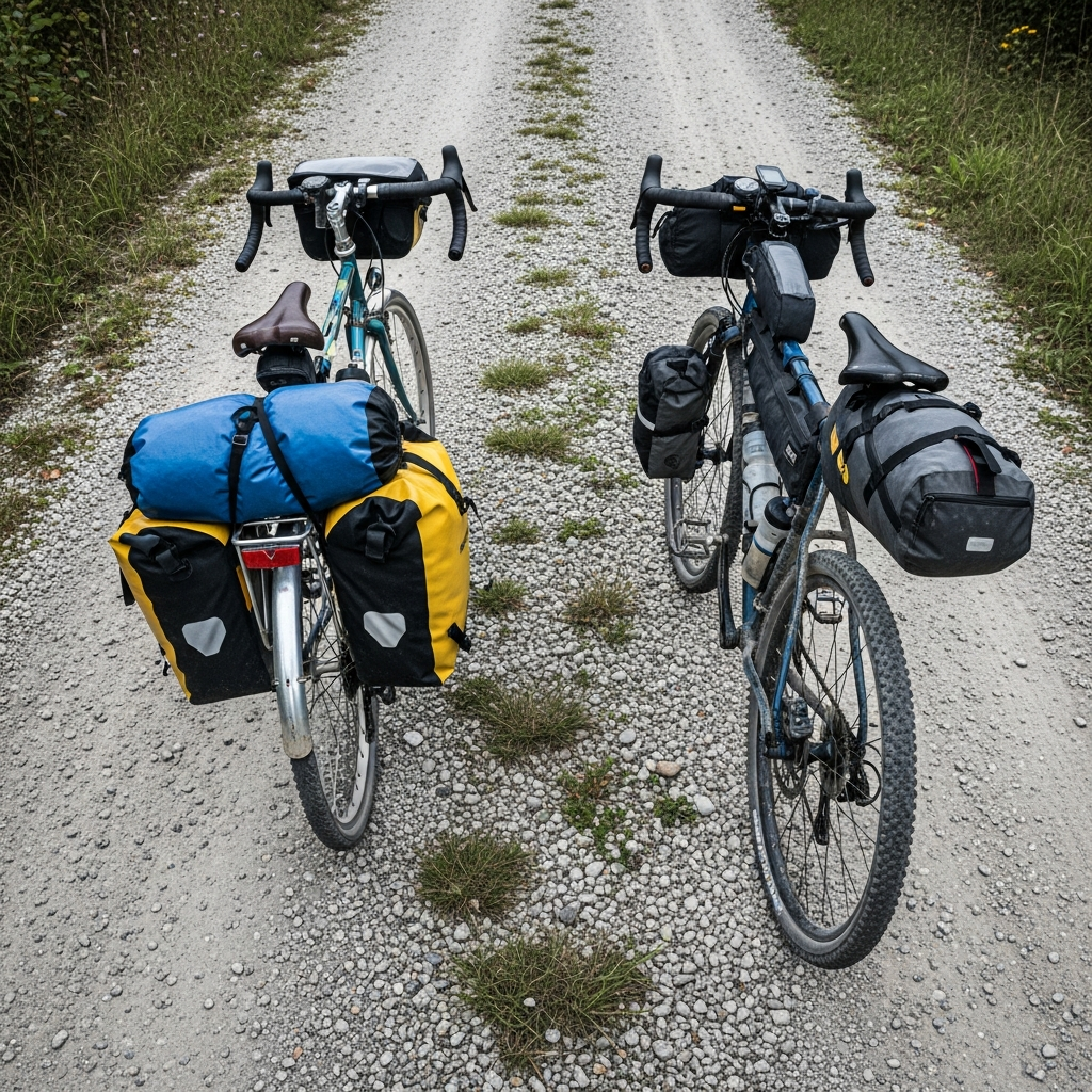 Touring bike with rear panniers compared to bikepacking bike with frame bags and seat pack on gravel trail