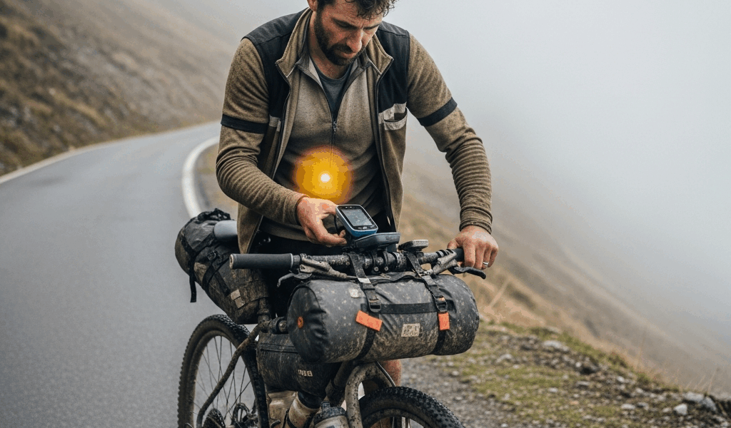 cyclist checking power meter on handlebar during a mountain 20260331 081933