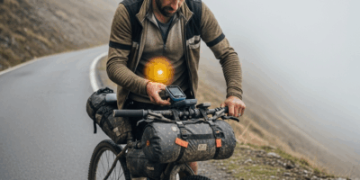 cyclist checking power meter on handlebar during a mountain 20260331 081933