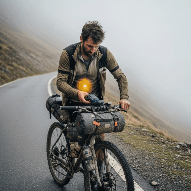 cyclist checking power meter on handlebar during a mountain 20260331 081933