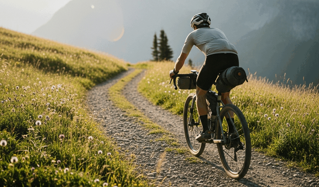 cyclist with frame bags and handlebar roll riding a gravel t 20260331 081618