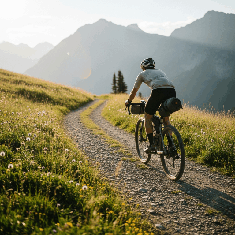 cyclist with frame bags and handlebar roll riding a gravel t 20260331 081618