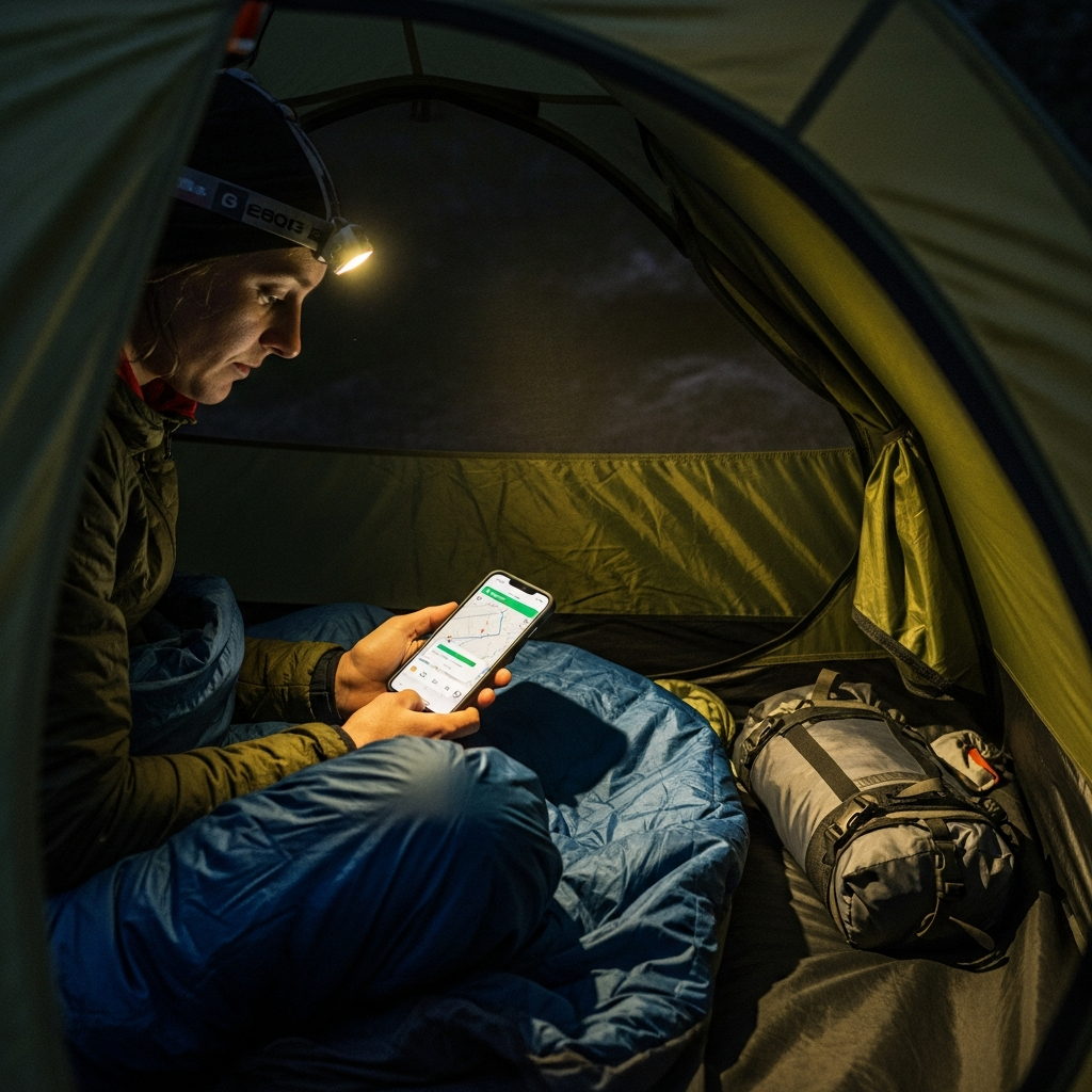 Bikepacker downloading offline navigation maps on smartphone inside tent before a multi-day ride