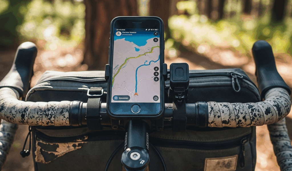 smartphone mounted on bikepacking handlebar showing gps navi 20260331 082303