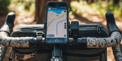 smartphone mounted on bikepacking handlebar showing gps navi 20260331 082303