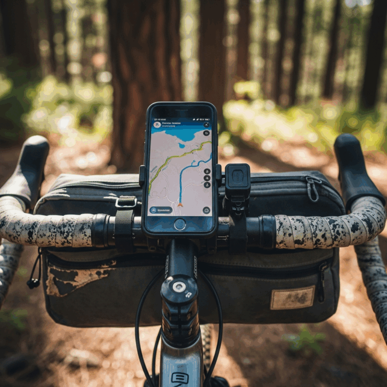 smartphone mounted on bikepacking handlebar showing gps navi 20260331 082303