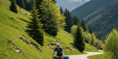 cyclist with loaded touring bike on scenic spring mountain road