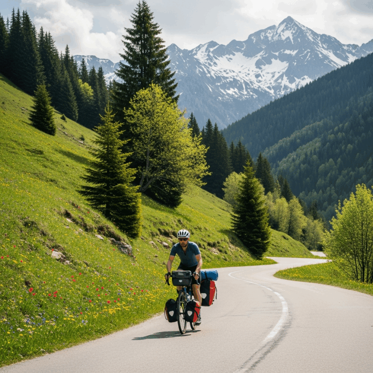 cyclist with loaded touring bike on scenic spring mountain road
